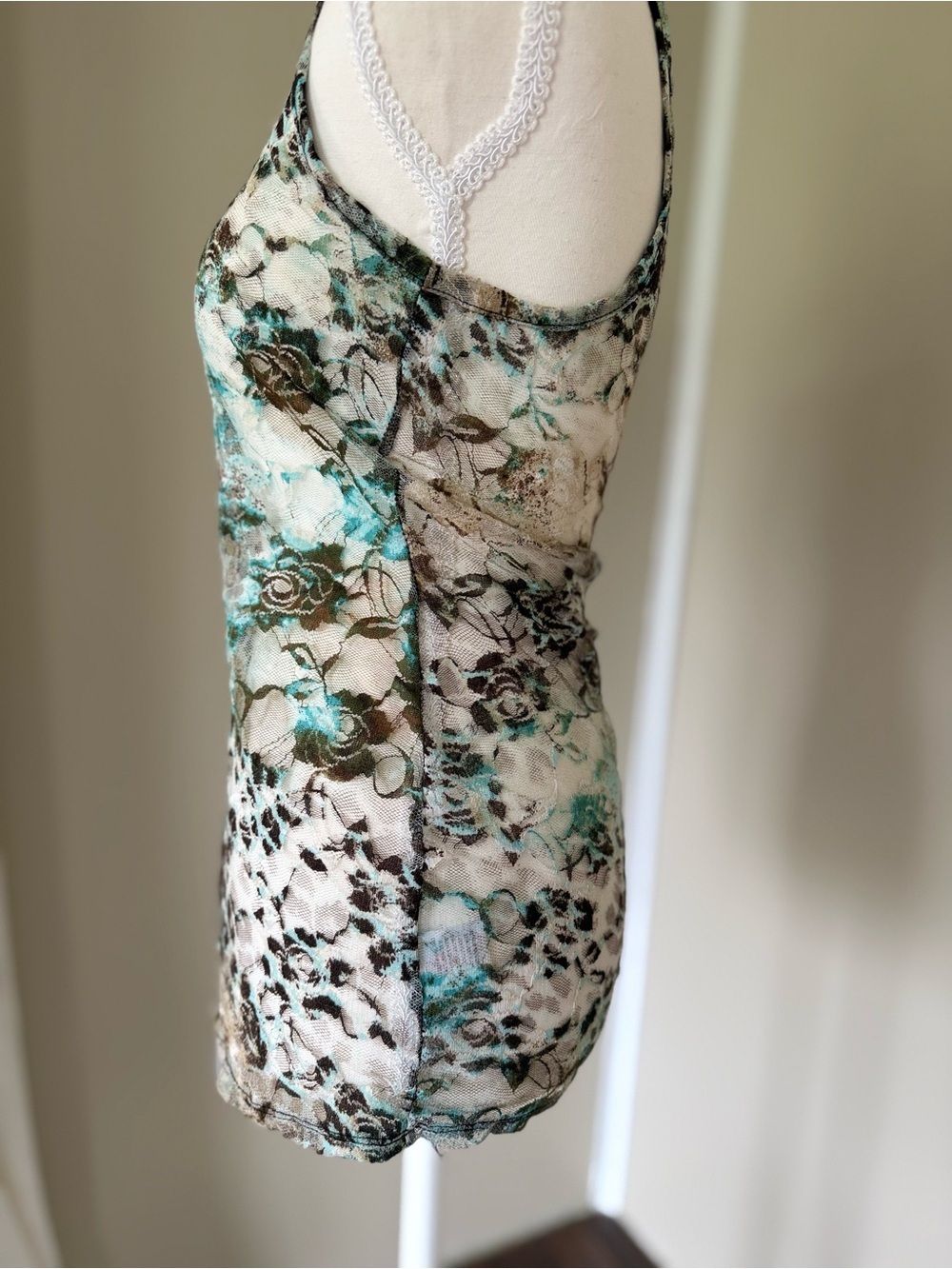 Vintage Y2K Almost Famous Floral Lace Tank sheer Top Teal Brown floral cheetah - Picture 4 of 9